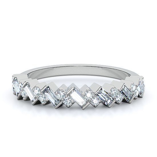 Tilted Baguette and Rounds Diamond Ring (18K White Gold)