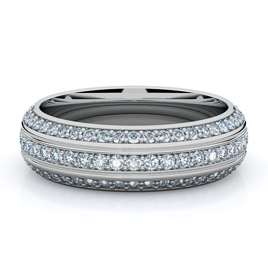 Three Row Pave Curved Full Eternity Mens Diamond Band (14K White Gold)