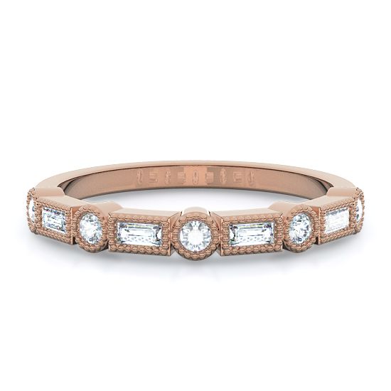 Milgrain Baguette and Rounds Diamond Ring (14K Rose Gold)