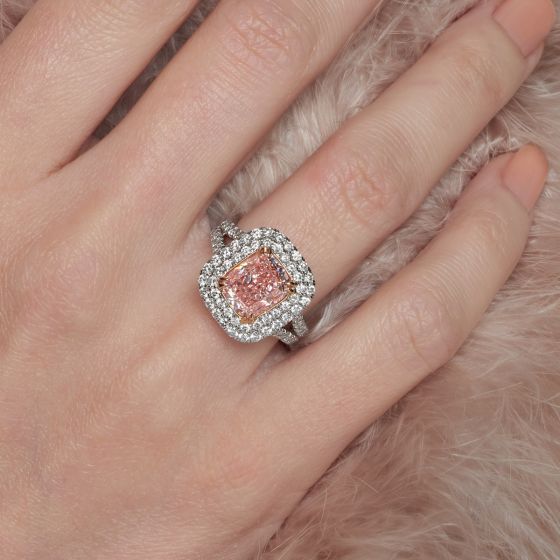 Fancy Pink Cushion Shape Diamond Pave Double-Halo Ring 
