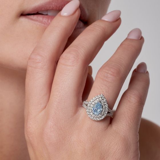 Blue Pear Shape Diamond Pave Double-Halo Ring