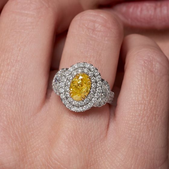 Fancy Vivid Yellow Oval Shaped Half Moon Pave Double-Halo Ring